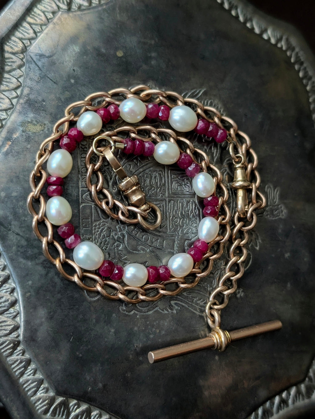 Custom 14k Gold Albert Chain with Pearl & Spinel Bracelet Extender - T-Bar and 2 Dog Cilps