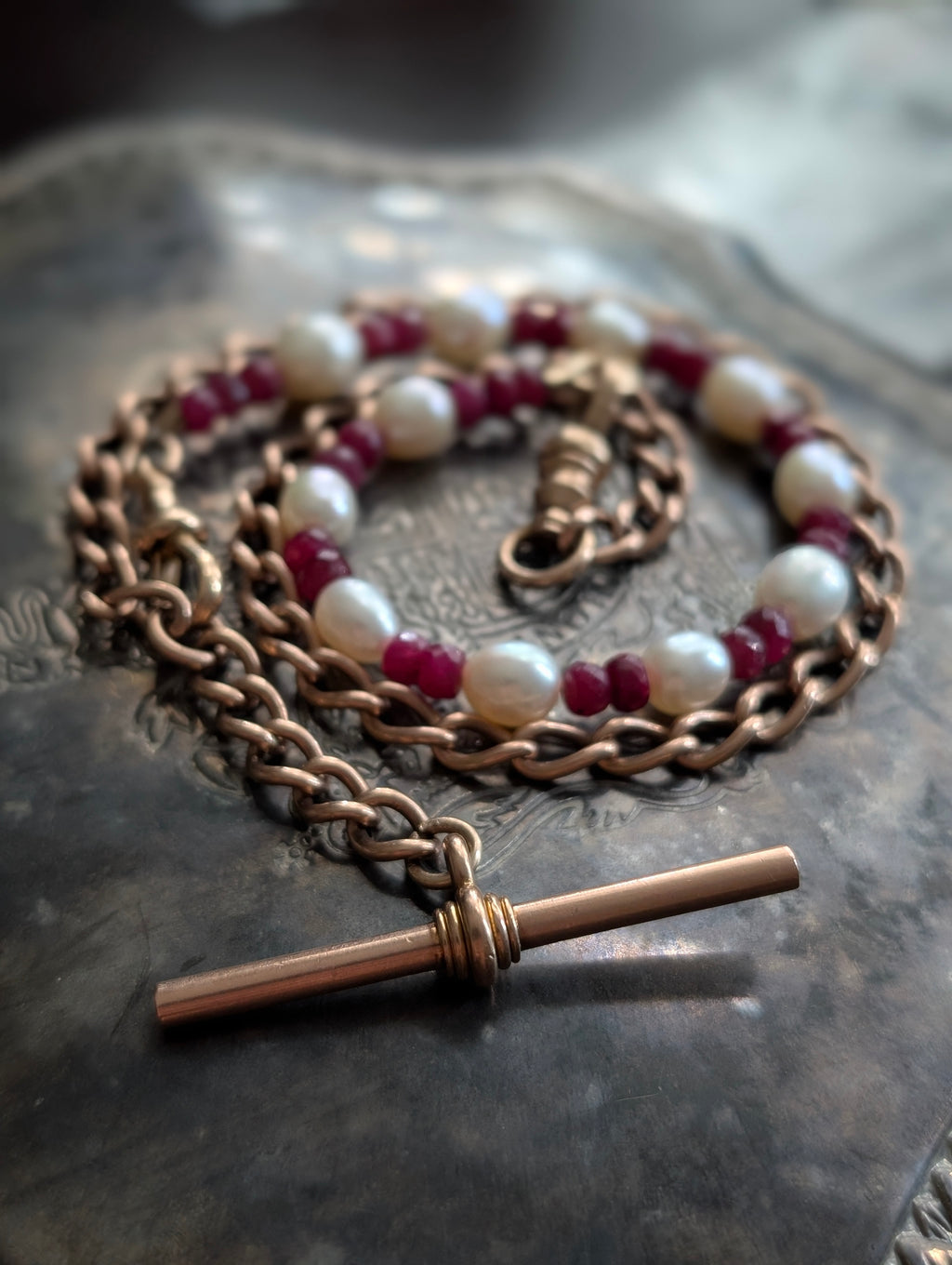 Custom 14k Gold Albert Chain with Pearl & Spinel Bracelet Extender - T-Bar and 2 Dog Cilps