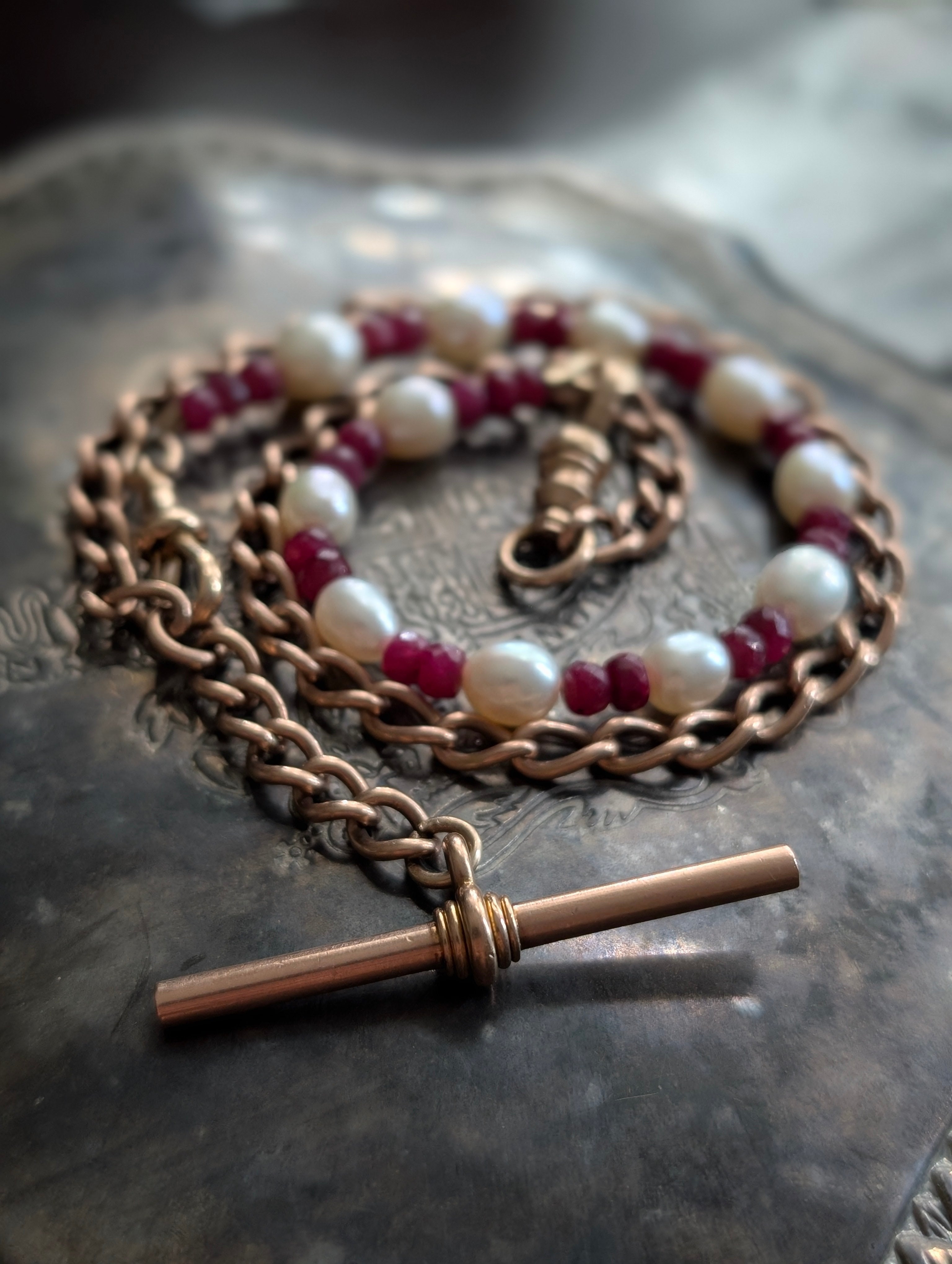 Custom 14k Gold Albert Chain with Pearl & Spinel Bracelet Extender - T-Bar and 2 Dog Cilps