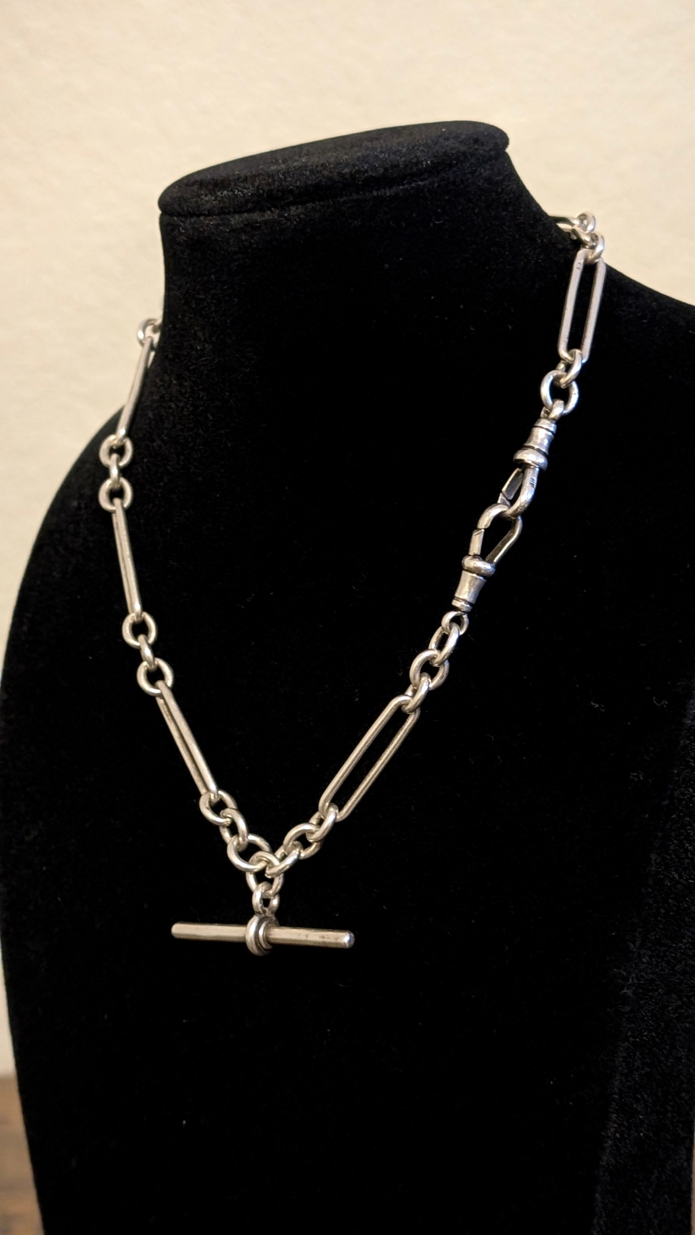 Antique Sterling Silver Trombone Link Albert Chain, 1901 Double Dog Clips