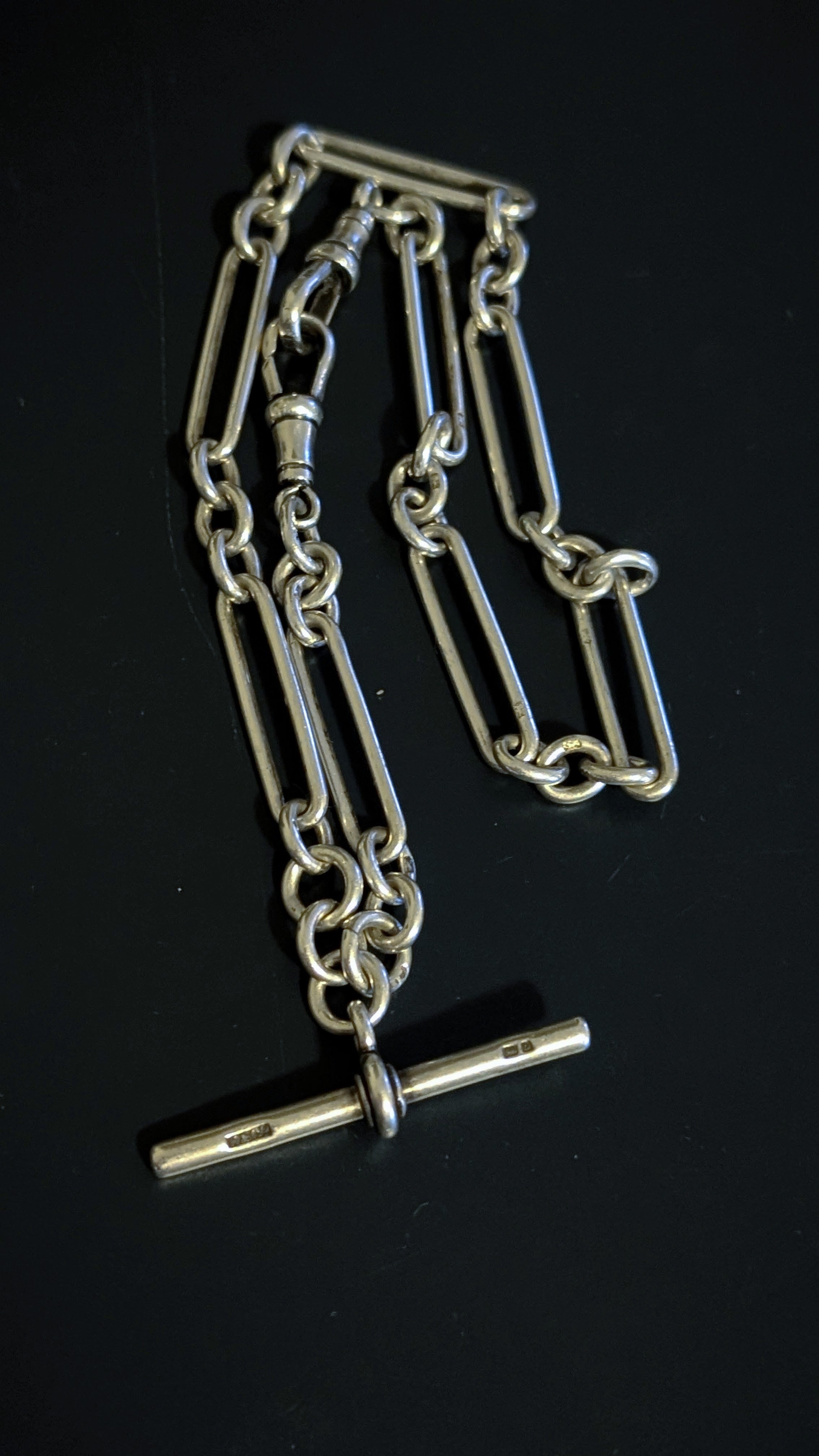 Antique Sterling Silver Trombone Link Albert Chain, 1901 Double Dog Clips