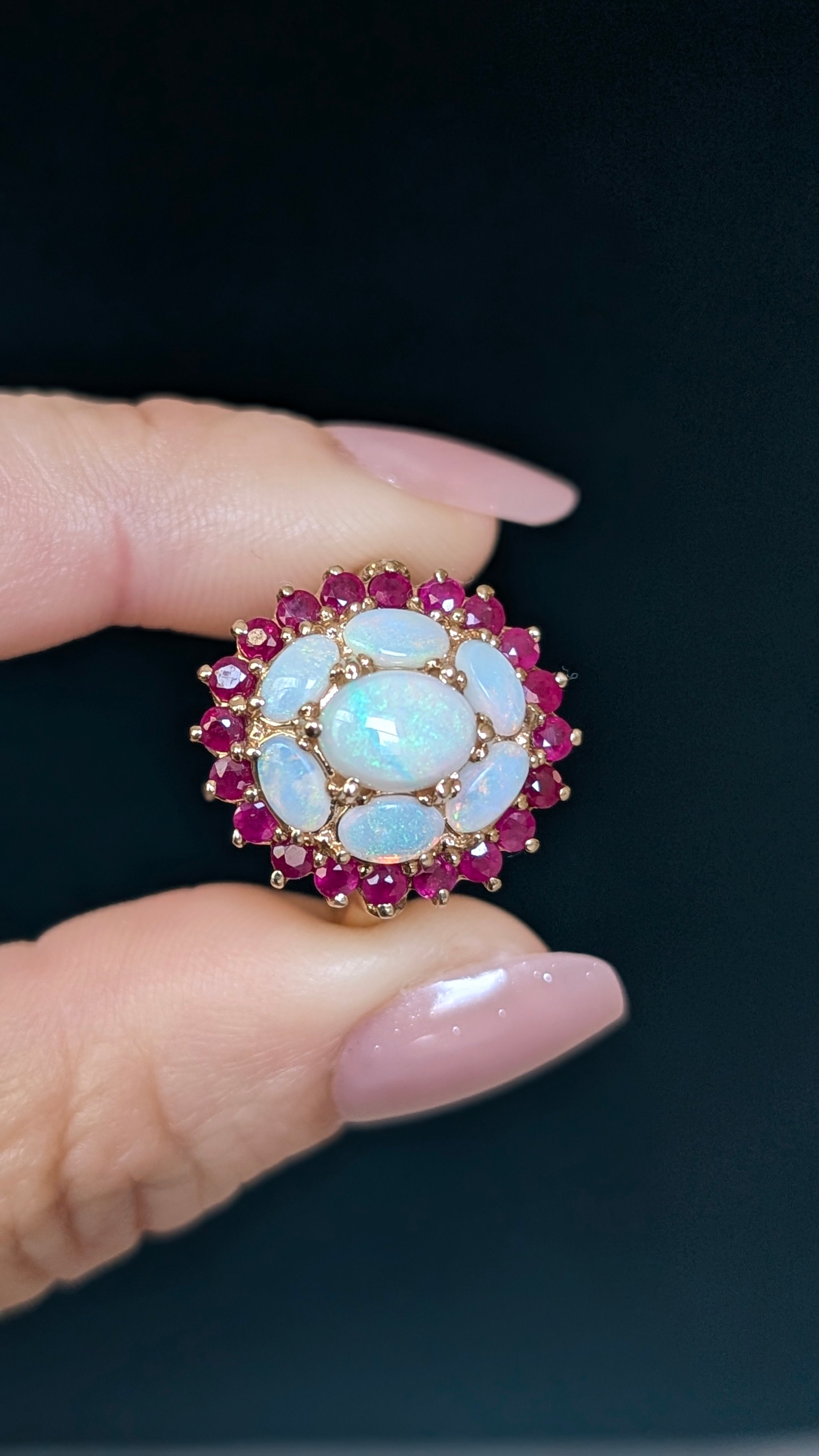 Gold Opal & Ruby Cluster Ring