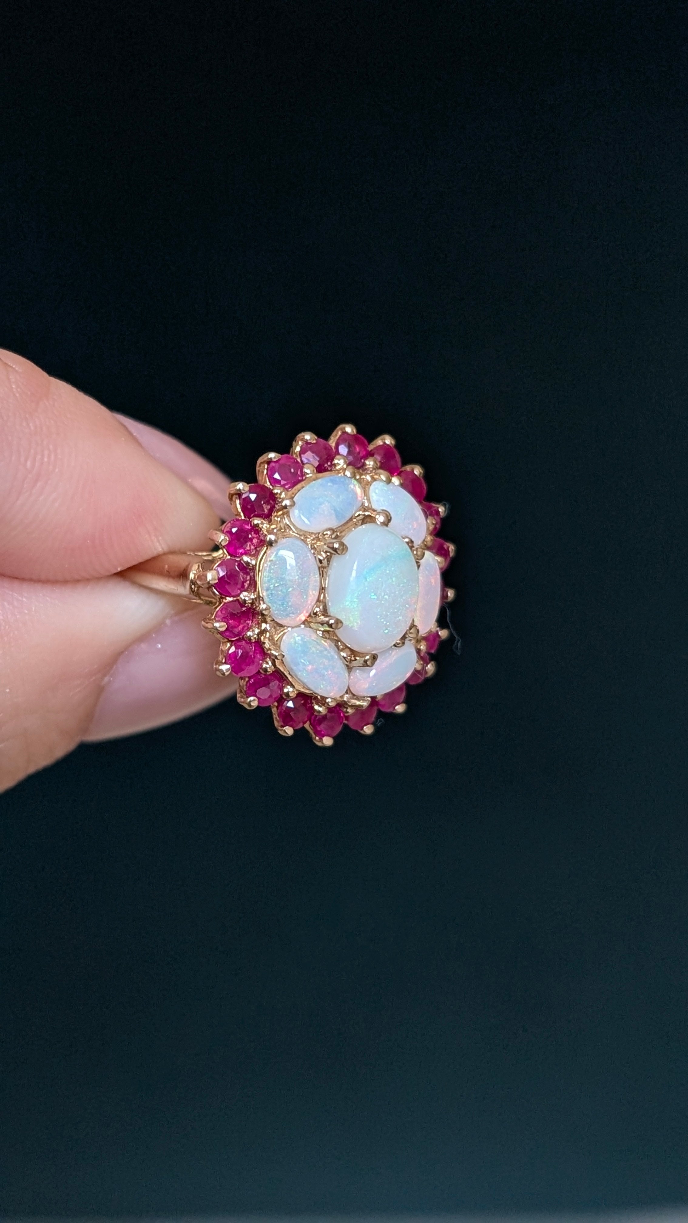 Gold Opal & Ruby Cluster Ring