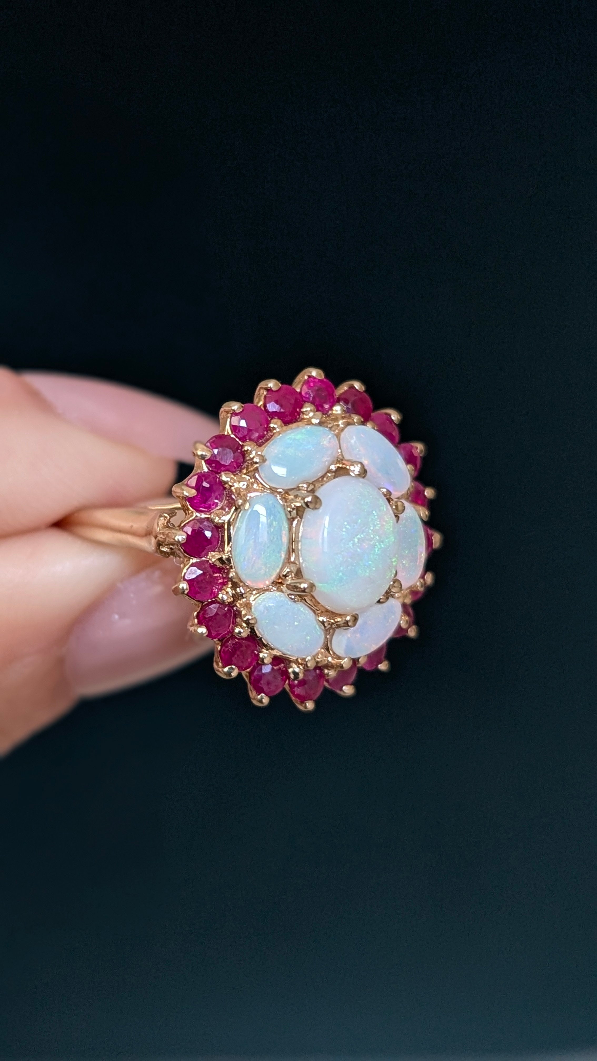 Gold Opal & Ruby Cluster Ring