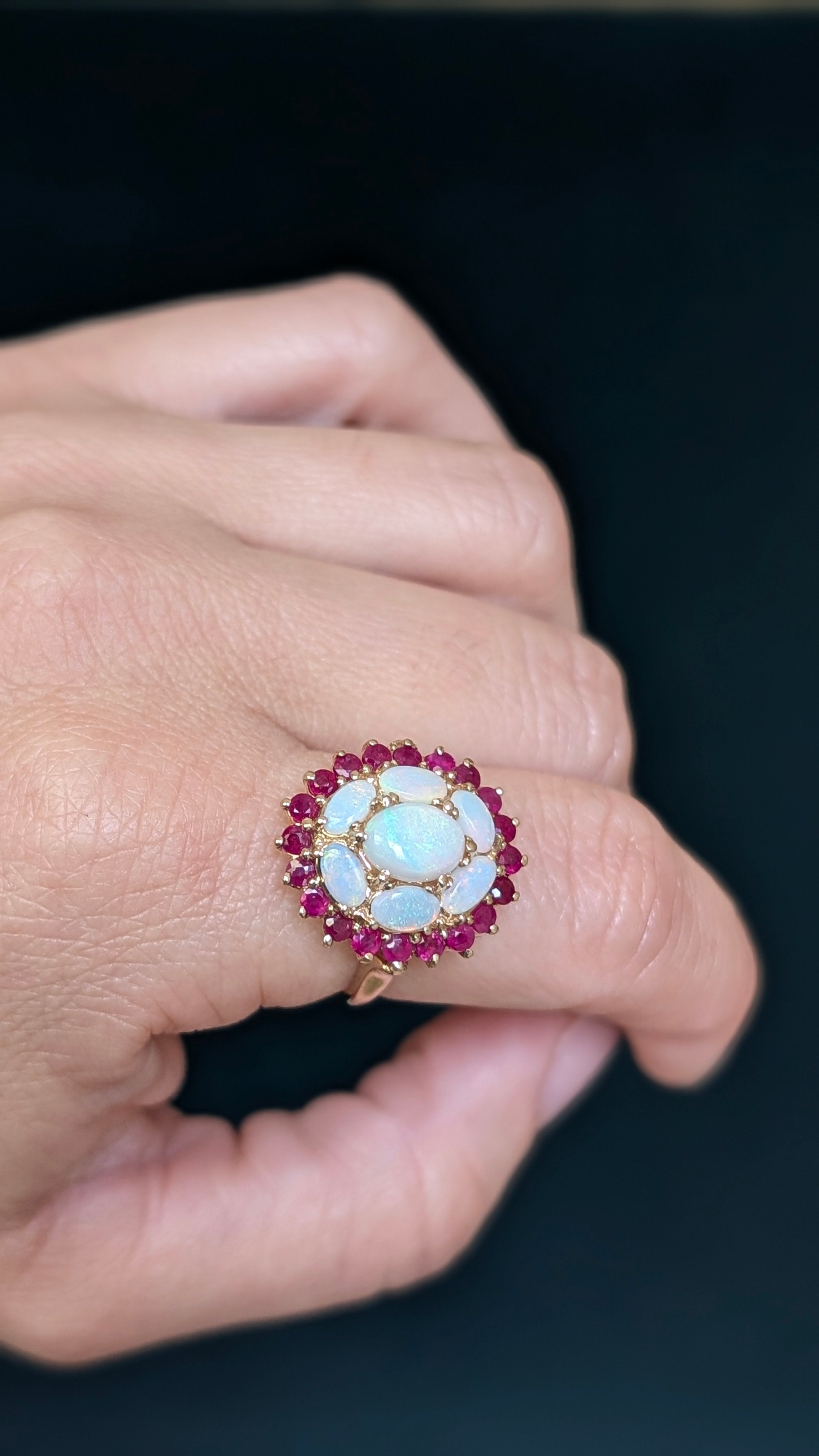 Gold Opal & Ruby Cluster Ring