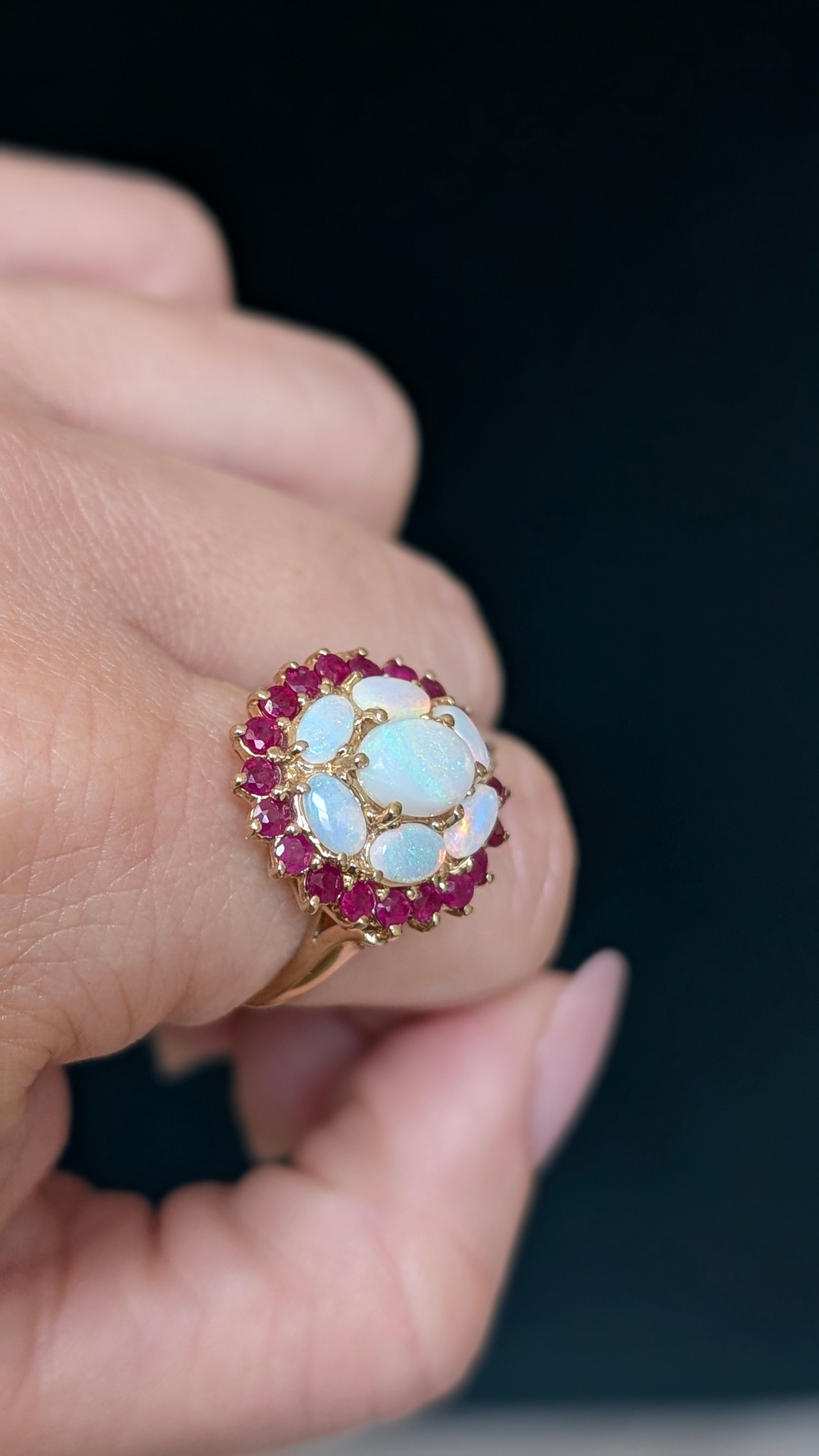 Gold Opal & Ruby Cluster Ring