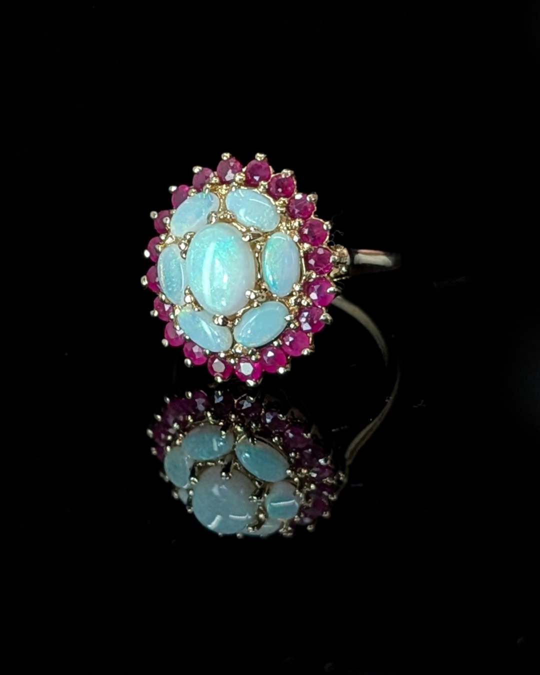 Gold Opal & Ruby Cluster Ring