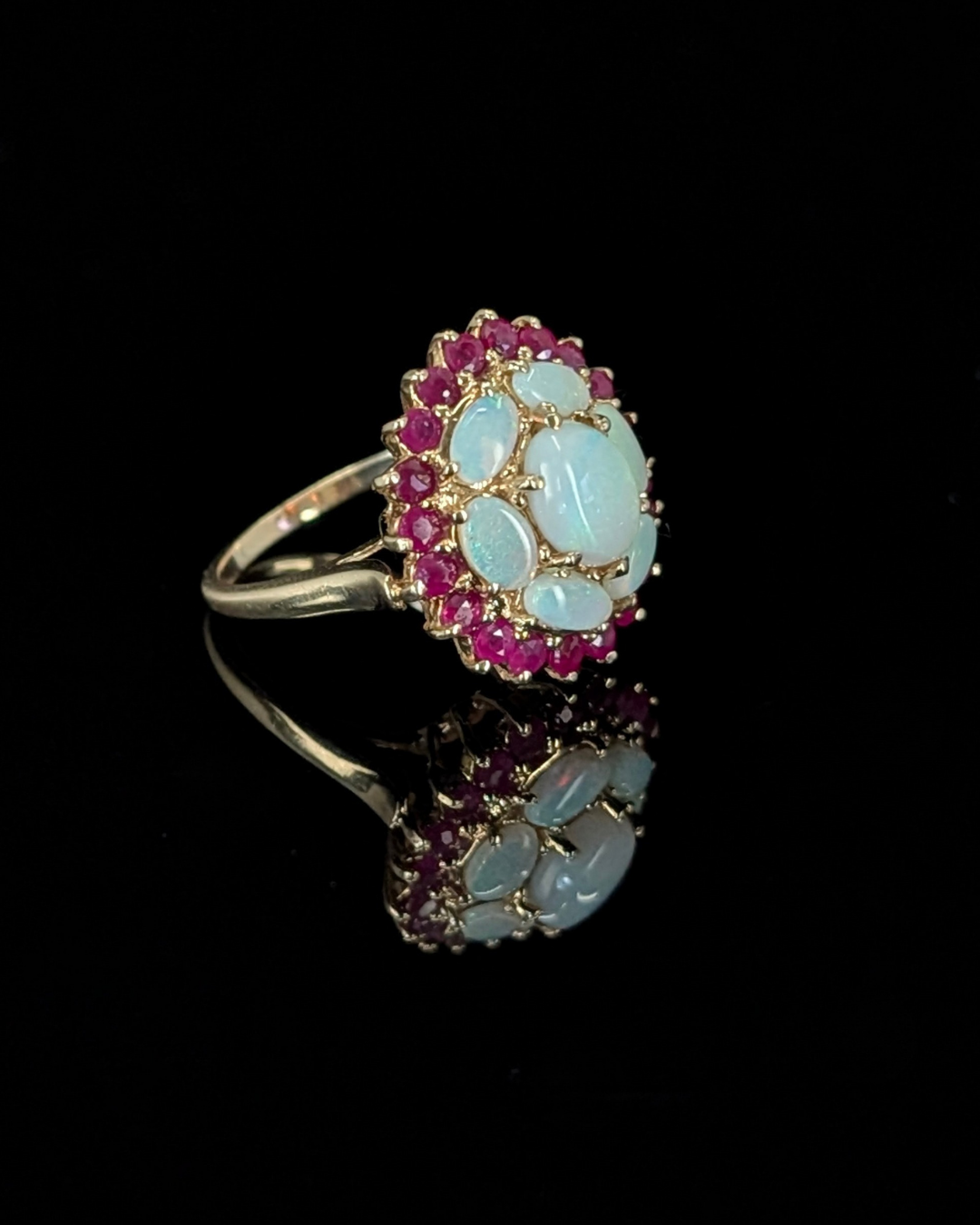Gold Opal & Ruby Cluster Ring