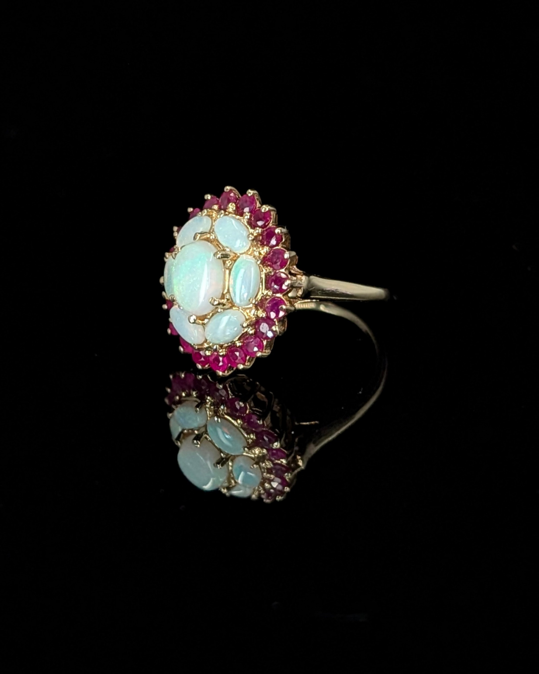 Gold Opal & Ruby Cluster Ring