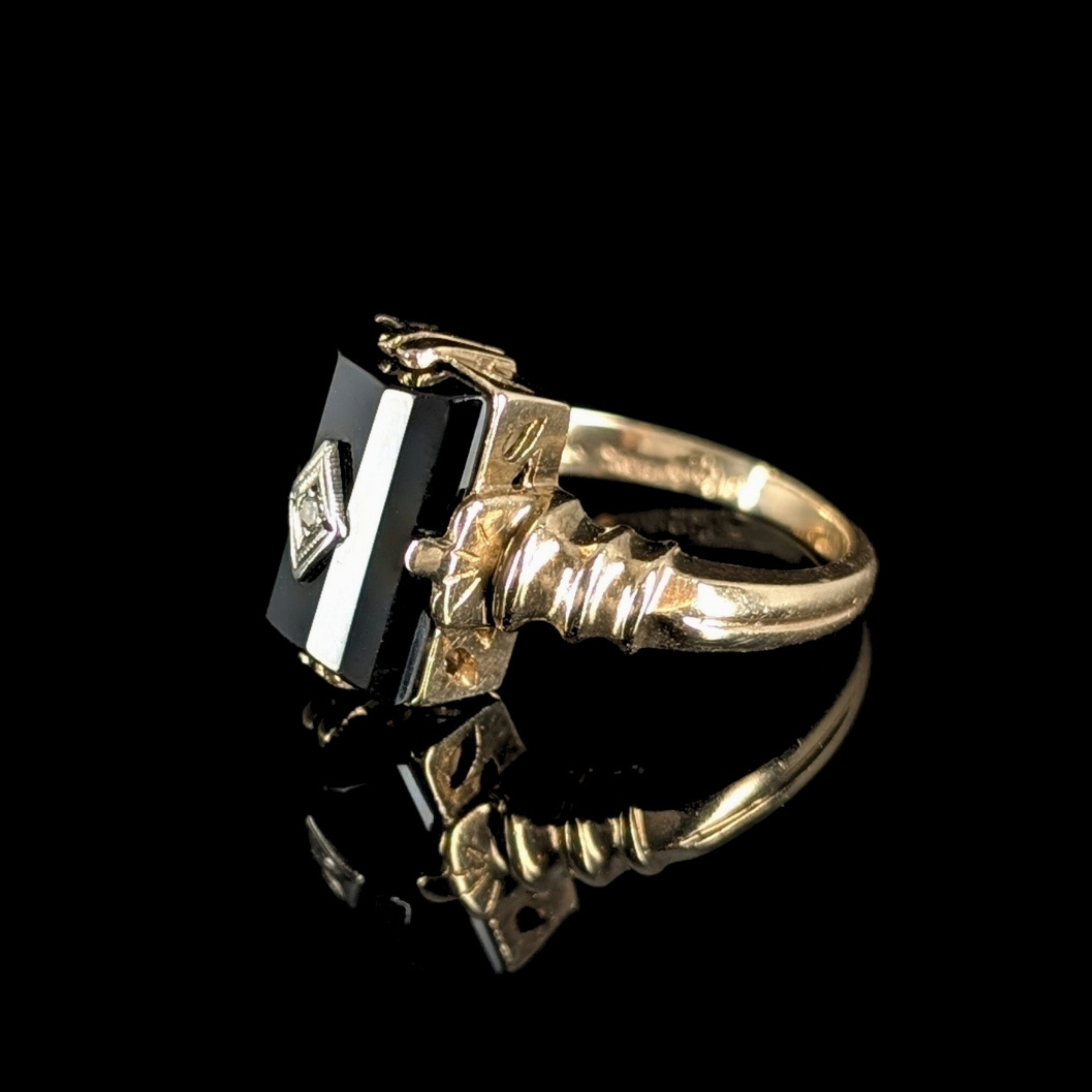 Antique Domed Onyx Signet Ring with Center Diamond