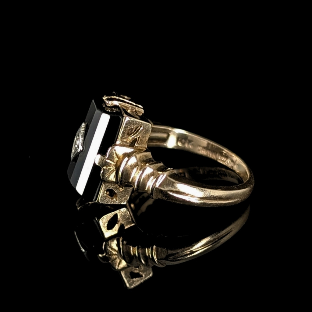 Antique Domed Onyx Signet Ring with Center Diamond