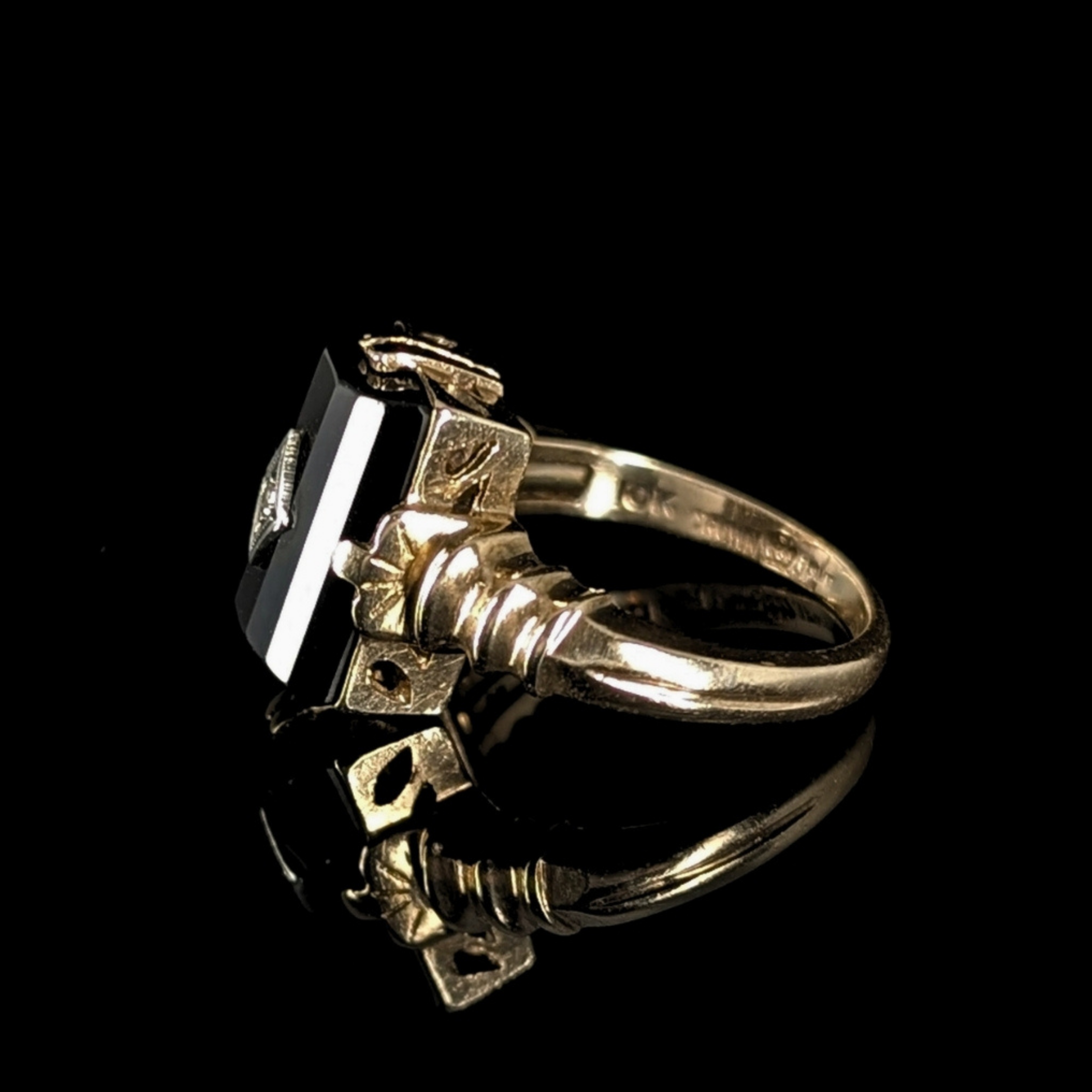 Antique Domed Onyx Signet Ring with Center Diamond