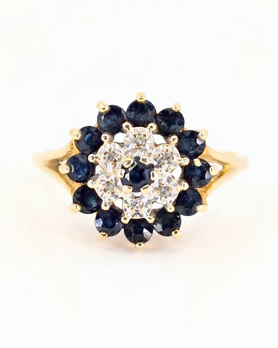 Vintage Domed Sapphire & Diamond Flower Ring Vintage