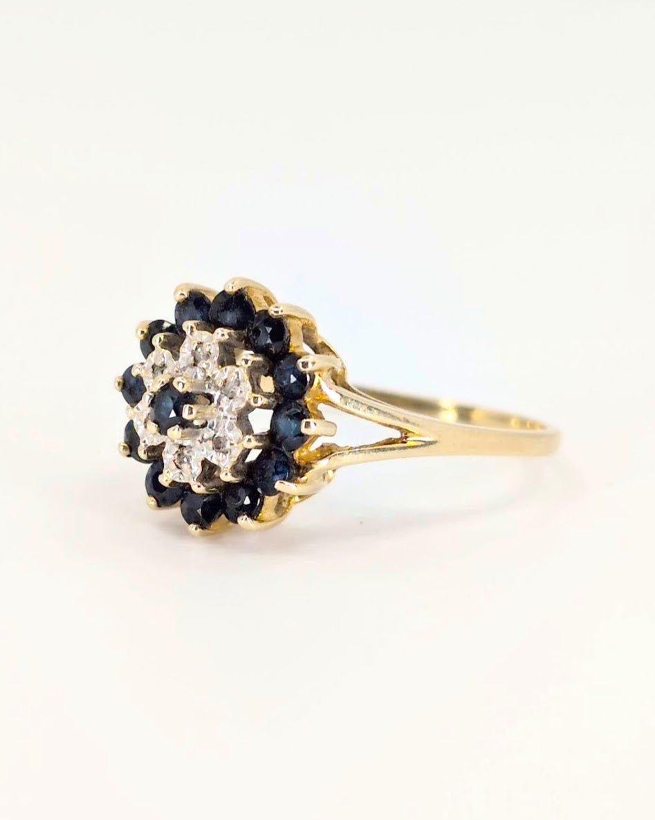Vintage Domed Sapphire & Diamond Flower Ring Vintage