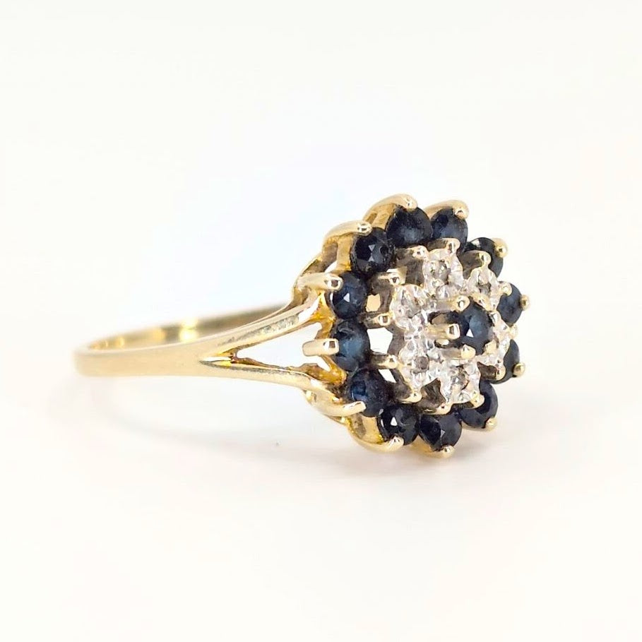 Vintage Domed Sapphire & Diamond Flower Ring Vintage