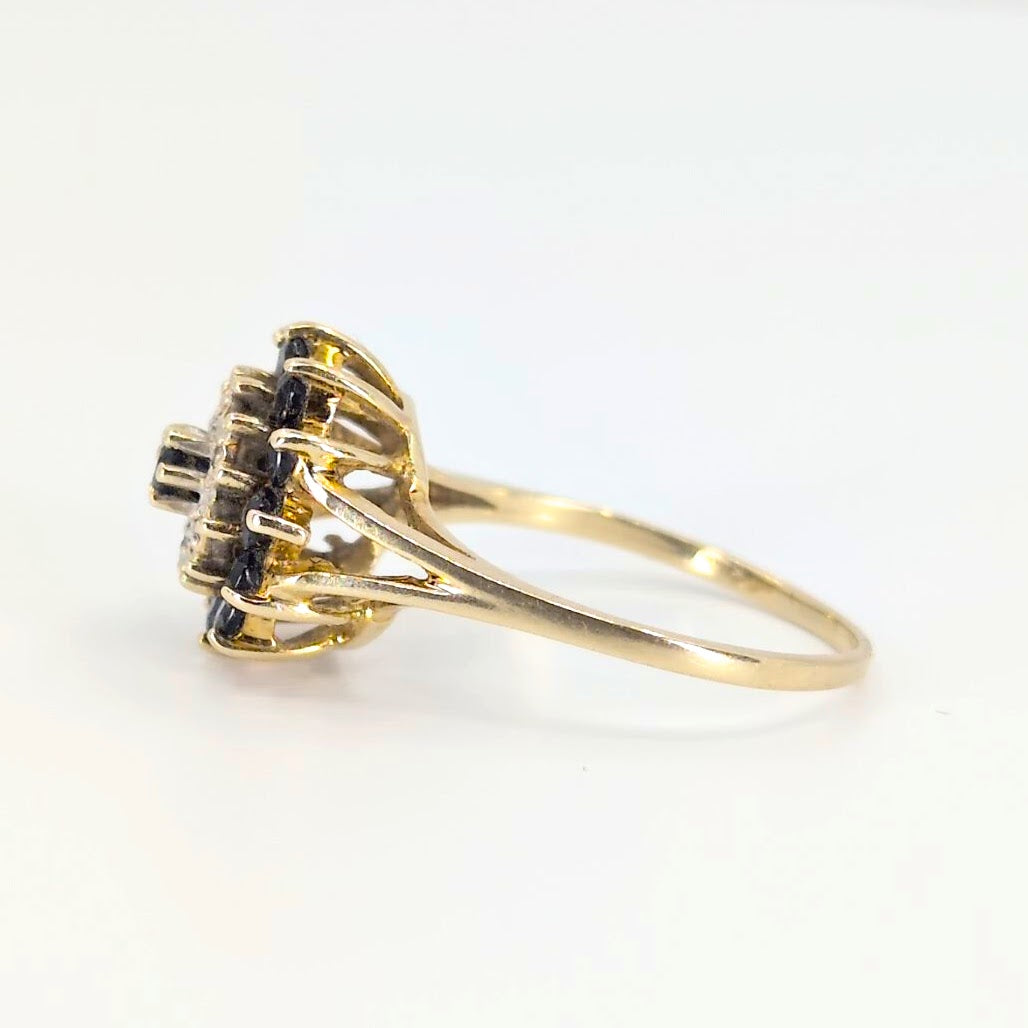 Vintage Domed Sapphire & Diamond Flower Ring Vintage