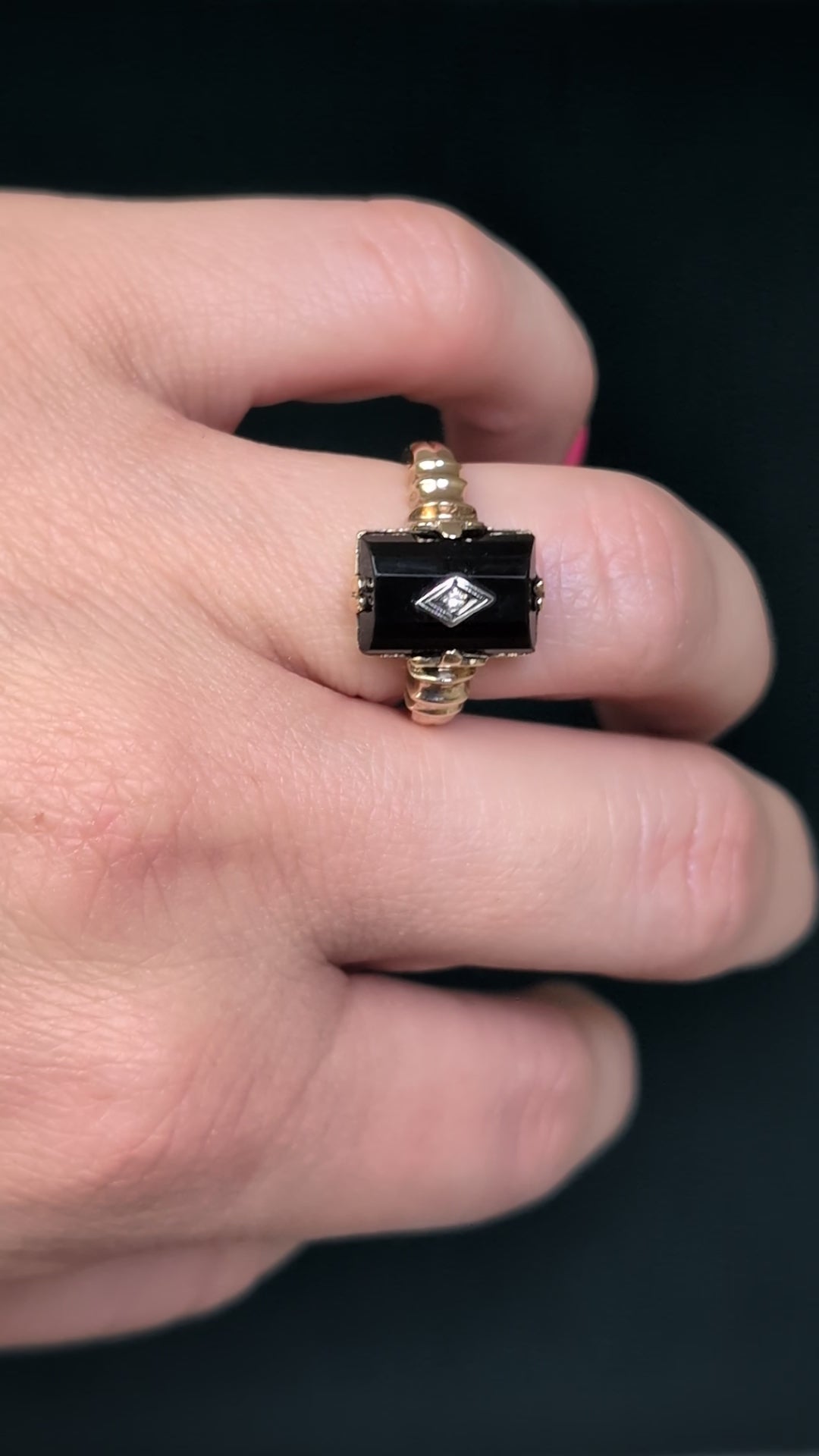Antique Domed Onyx Signet Ring with Center Diamond