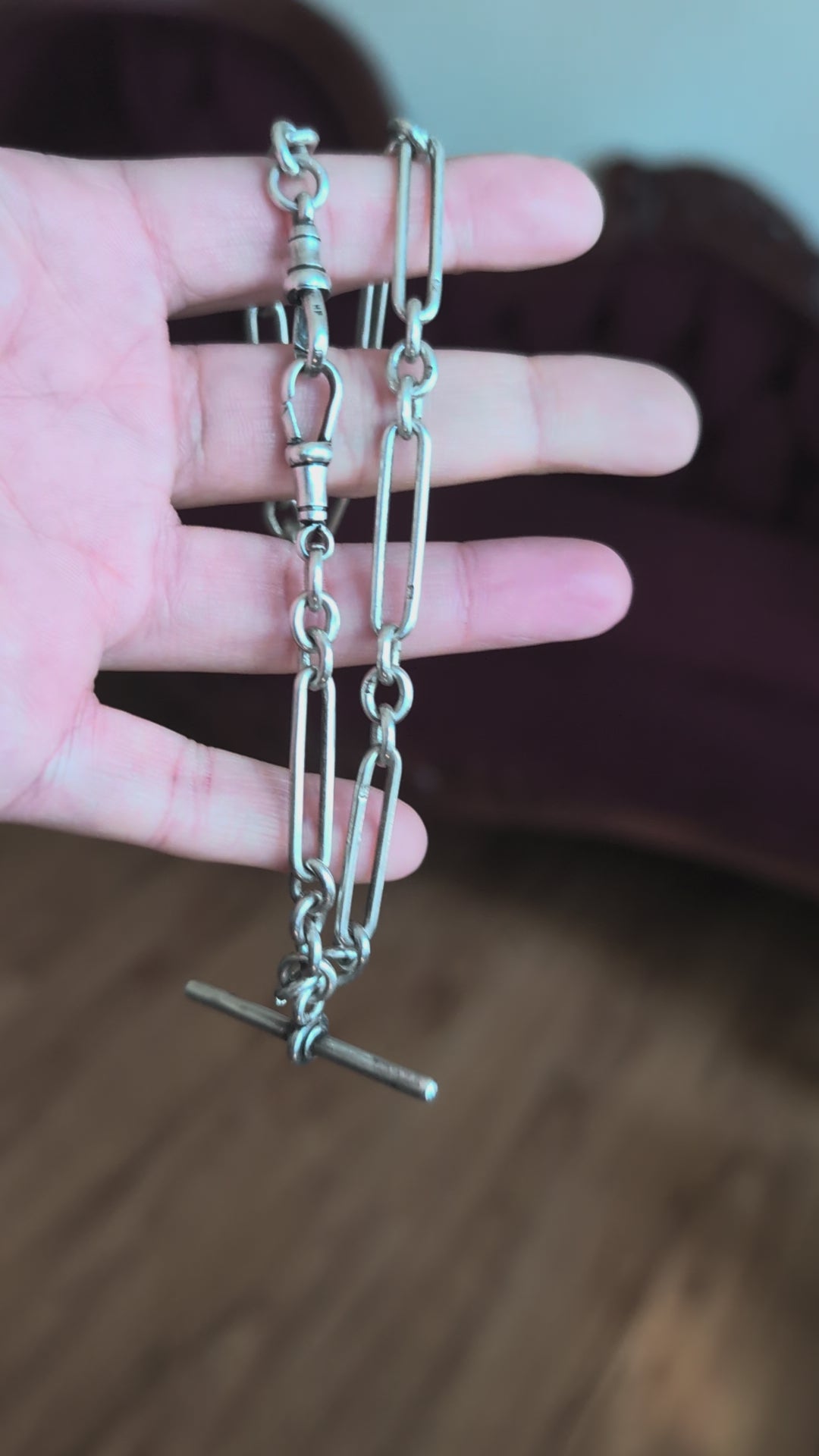 Antique Sterling Silver Trombone Link Albert Chain, 1901 Double Dog Clips