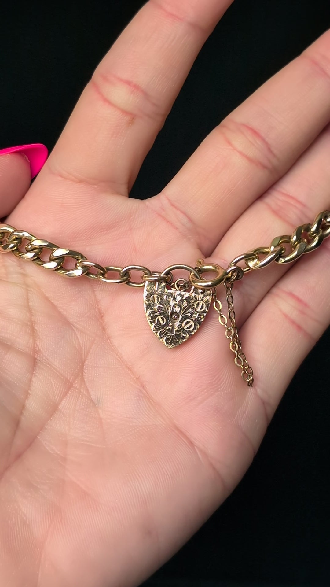 Victorian 9k Gold Curb Bracelet with Engraved Heart Padlock