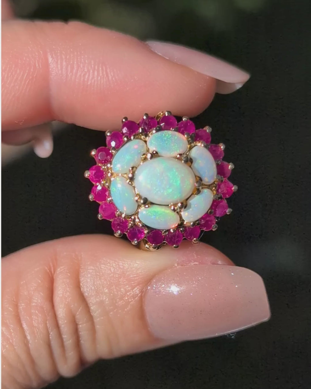 Gold Opal & Ruby Cluster Ring
