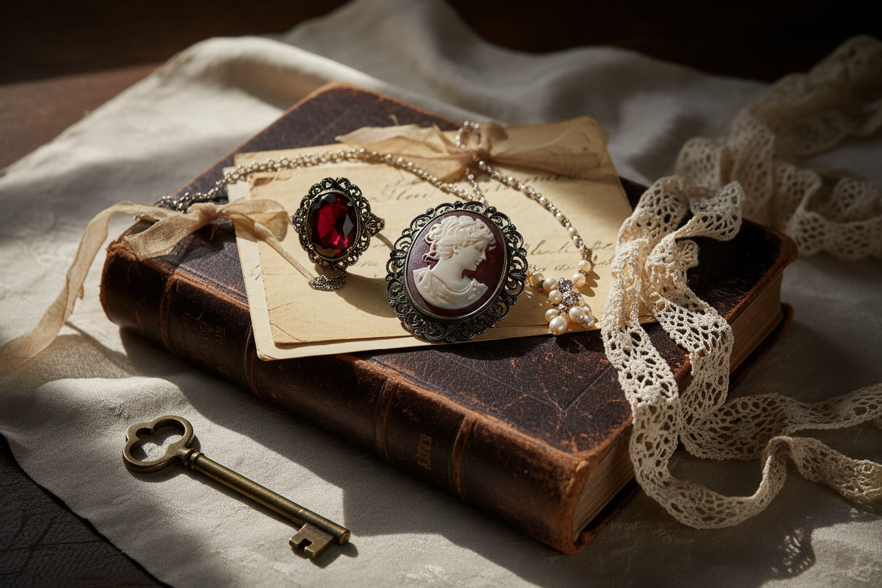 Victorian jewelry with vintage props